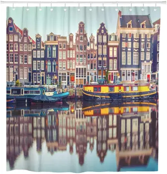 Amsterdam Kanal Singel Tipičen nizozemski Hiše in Bivanje V Tuš Zavesa Nepremočljiva 60 x 72 cm, Komplet z Kljuke
