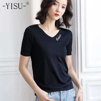 YISU Womens T-Shirt Modni Ženski Tee Črke tiskanje Priložnostne puloverju podlagi T-shirts V-neck Kratek sleeve Majica s kratkimi rokavi Ženske Poletje