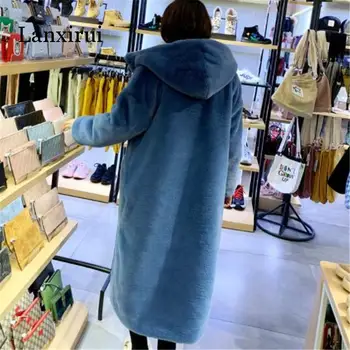 Jeseni, Pozimi Mink Ženske Fur Coat Plus Velikost Oblačila Korejski Specializiranimi Za Umetno Krzno, Ulične Hooded Svoboden Debel Toplo Dolg Ženski Plašč
