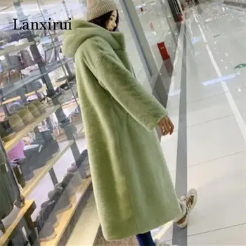 Jeseni, Pozimi Mink Ženske Fur Coat Plus Velikost Oblačila Korejski Specializiranimi Za Umetno Krzno, Ulične Hooded Svoboden Debel Toplo Dolg Ženski Plašč