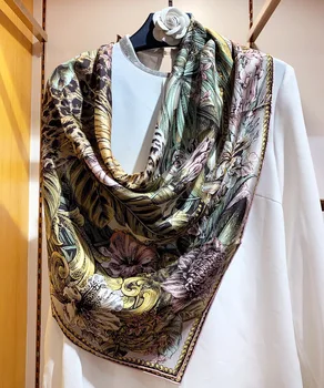 KMS Mesečini leopard svile keper šal velikih kvadratnih šal za zaščito pred soncem ruto za Ženske, 90*90 CM/50 G