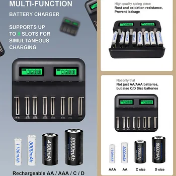 8-Reže za Baterijo, Polnilnik, USB Napajanje AA/AAA/C/D, Polnilne Baterije, Polnilnik z LCD Zaslonom