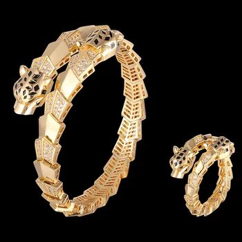Zlxgirl nakit Jet Emajl leopard živali bangle in zapestnico moda za ženske velikosti pozlačeni bakreni zapestnico, prstan pribor kompleti