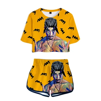 Dekle Tshirt 2pac 3D Poletje Dveh Kosov, ki postavlja Ženske Modna Oblačila Znanih pevka 2pac Tiskanja Dve Delni Set+Kratke Hlače, Športni obleko