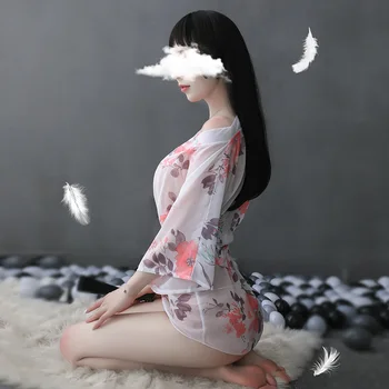 Seksi Japonski Kimono Cosplay Glej Skozi Spodnje Perilo, Obleko, Tradicionalni Slog Haljo Skušnjavi, Kostume Pižamo Pasu Nastavite Za Ženske