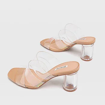 Ženske Akrilna Crystal visoke Debele pete Stran sandalsSummer 2020 Novo Prozorno PVC Copati Ženske