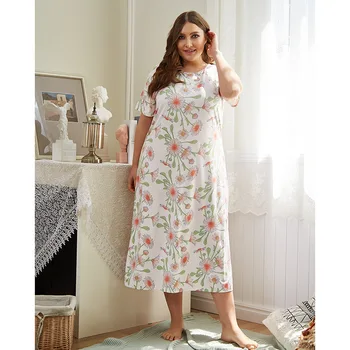 Nova plus velikost dame poletje domov nositi dolgo pižamo za ženske velika svoboden kratek rokav bela cvjetnim tiskanja obleko 4XL 5XL 6XL 7XL