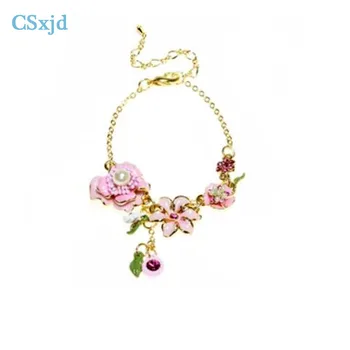 CSxjd ročno Emajl roza cvet ogrlice uhani in zapestnica Ženske, nakit set