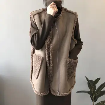 Jagnje lase brezrokavnik ženske 2020 jeseni in pozimi novi korejski slog svoboden krzno, usnjeni suknjič brez rokavov parkas waistcoat