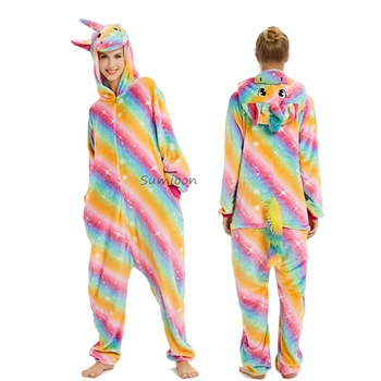 Živali Rainbow Unicorn Pižamo Odrasle Zimske Sleepwear Kigurumi Panda Šiv Licorne Pižame Ženske Onesie Anime Noša Jumpsuit