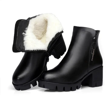 -30℃ Volne, Krzna, toplo Kravje Usnje škornji ženske zimske Pravega Usnja platformo botas 2020 Močen Visoke pete dame sneg čevlji