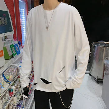Moški Dolg Rokav T-majice Plus Velikost 3XL Luknje Trdna Elegantna Hip-hop korejskem Slogu Harajuku Vse za Prosti čas-ujemajo Mens Ulične Ulzzang