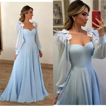 Skromno Svetlo Modra Pero Večerne Obleke 2021 Linije Dolge Rokave Maturantski Halje Plus Velikost Poceni 3D Cvetlični arabski Stranka Obleko