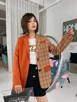 2019 Novo Pomlad Oranžna Šivanje Preverite Gingham Kariran Jopič Fant, prijatelj slog Žensk Kontrast barve Suknjič Moda Femme