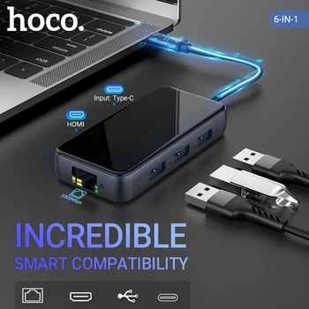 Hoco USB C vozlišče Tipa C, USB 3.0, 4K HDMI, Ethernet RJ45 PD2.0 67W aluminija multiport dock adapter za ločevanje vrata 5Gbps ultra slim