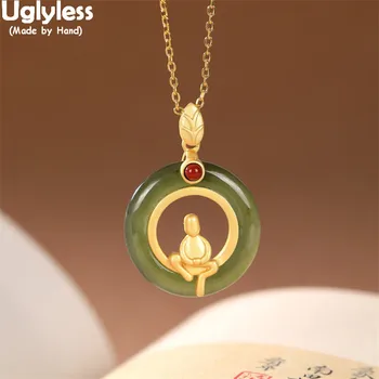 Uglyless Buddhistic Meditirati Menih Ogrlice za Ženske Ustvarjalne Slika Obeski + Verige Jade Krogih Modni Nakit Srebro 925