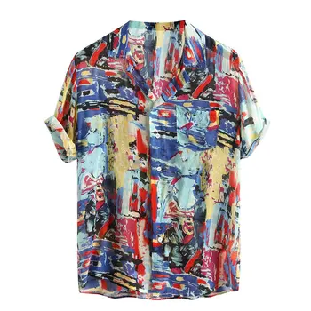 Moški Majica Kratek Rokav, Majica Fashion Grafiti Moških srajc Za Poletje 2020 Novo Ohlapno Hawaiian Henley Shirt Stojalo Ovratnik Moška Majica