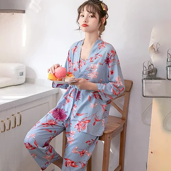 Ženske Pajama Haljo Nastavite Sleepwear bo Ustrezala Cvet Natisnjeni Pijama Toplega Doma Oblačila More Pyjama Ženske Seksi Perilo 3 kosov