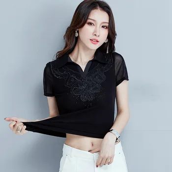 Ženske T-shirt Moda elegantno vitek kratek rokav poletje vrhovi znižuj ovratnik očesa t-shirt plus velikost majica Lady blusas