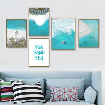 Bele Plaže Ocean Kokosovo Drevo, Hiša Wall Art Platno Slikarstvo Nordijska Plakatov In Fotografij Stenske Slike Za Dnevni Sobi Doma Dekor