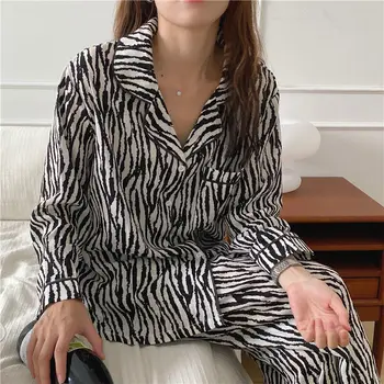 Ženske Pižame Nastavite Domačo Rabo Bombaž Pijima Ohlapno Obleko, dvodelno, za Dom Sleepwear Natisnjeni Ženski Zebra Print Pyjima
