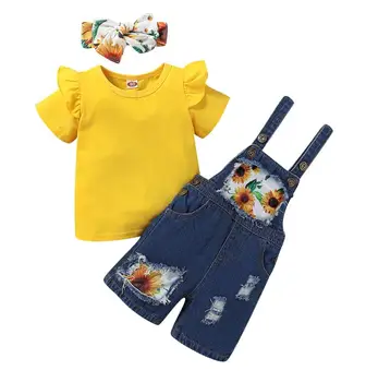 Dekle Otroci Clothers bo Ustrezala Barva Kratek Letenje rokavi T-shirt z Sončnično Natisnjeni Suspender Kavbojke Glavo Chidlren Oblačila