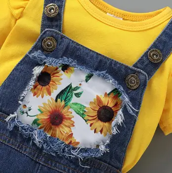 Dekle Otroci Clothers bo Ustrezala Barva Kratek Letenje rokavi T-shirt z Sončnično Natisnjeni Suspender Kavbojke Glavo Chidlren Oblačila