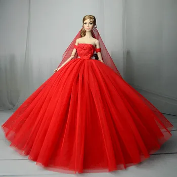 Rdeča Poročno Obleko za Barbie Lutka Obleko Princese Večer Stranka Obleke Nosi Dolgo Obleko Obleke S Tančico 1/6 Lutka Dodatki