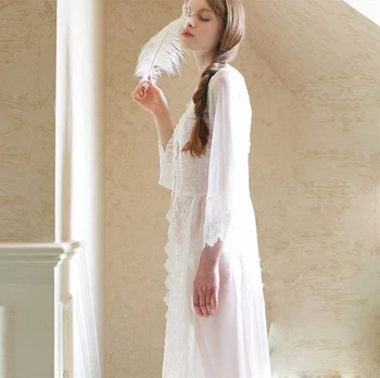 Viktorijanski Slog Bele Čipke Dolgo Haljo Družico Obleke Noseča Pregleden Ženske Obleke Obleke