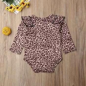 Pudcoco Jeseni Newborn Baby Girl Obleke Leopard Tiskanja Dolg Rokav Ruffle Romper Jumpsuit Enodelno Obleko Splošno Oblačila