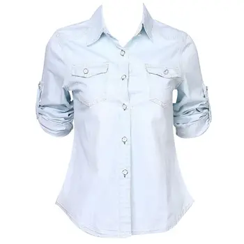 Poletje Mehko Jean Denim Long Sleeve Majica Vrhovi Bluzo Moda za Ženske Priložnostne Dolg rokav vrhovi Jopiči Femenino Camisas De Mujer