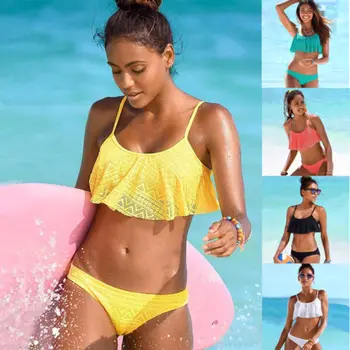 Dvodelne kopalke Ruffles Ženske Push-up Oblazinjeni Monokini Povoj Bikini Komplet Kopalke Trikotnik Kopalke Plažo Trdna