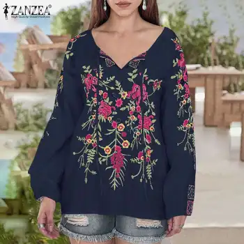 ZANZEA 2021 Žensk V Vratu Vrvico Bluzo Priložnostne Cvetlični Tiskane Majice z Dolgimi Rokavi Elegantno Vrhovi Ženski Blusas Ženska Tunika 5XL