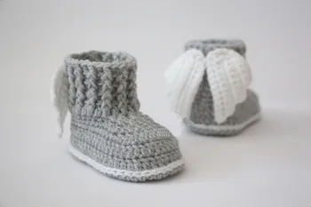 Ročno izdelana Baby Dekleta sivi Škornji Pomlad&Jeseni Baby čevlji 0 do 12 Mesecev Angel krila Novorojenega Otroka, Dojenčka Fantje Dekleta kvačkanje čevlji
