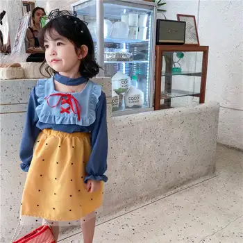2020 Jeseni Nov Baby Dekle, Princesa Obleko modne Dolg Rokav Modra Yellow Polka Dot Krilo 2pcs Nastavite Otrok Oblačila E20038