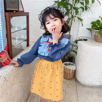 2020 Jeseni Nov Baby Dekle, Princesa Obleko modne Dolg Rokav Modra Yellow Polka Dot Krilo 2pcs Nastavite Otrok Oblačila E20038