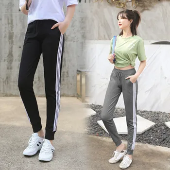 Spomladi in jeseni strani prugasta športne hlače visoko pasu hlače ženske hlače z vezalkami elastični trak hlače priložnostno plus velikost popularen