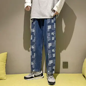 Korejski Kariran Jeans, Moda za Moške Retro Priložnostne Široko-leg Kavbojke Moški Ulične Svoboden Hip-hop Naravnost Traper Hlače Moški S-2XL