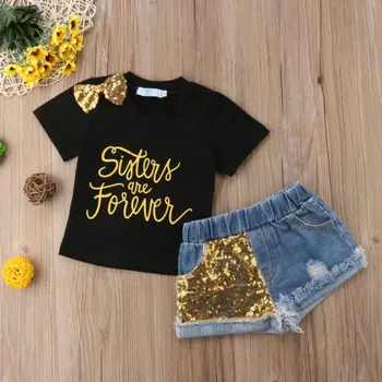 Otroci Baby Dekle Bowknot T-Majice Vrh+Sequins Denim Jeans, Hlače, Obleke, Obleko Set