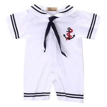 Vroče Novorojenega Dojenčka Baby Fantje Oblačila, Kratek Rokav Mornar Gumb Ovratnik White Romper Mornar Kostum Ljubko Moda Obleke