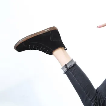 PEIPAH Ravno z Pravega Usnja Učencev Gleženj Škornji Za Ženske Priložnostne Plus Žamet Martin Škornji Ženski Platforma za Šivanje Čevlji