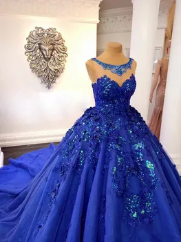 Royal Modra Žoga obleke Quinceanera Obleke 2020 Odklon Vratu Sparkly Beaded Čipke 3D Cvetlični Kapela Vlak Sweety 1 Dekliška Obleka za Maturantski ples