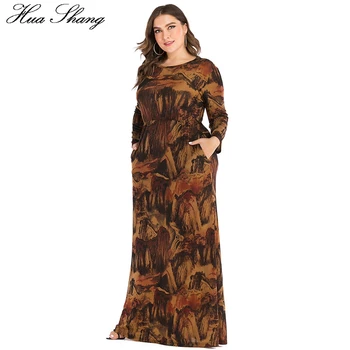 6XL Plus Velikost Abayas Muslimansko Obleko Ženske Jeseni, Pozimi Long Sleeve Vintage Retro Tiskanja Maxi Dolge Obleke, Dubaj Islamska Oblačila