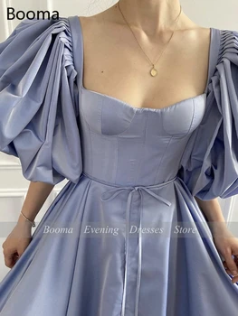 Elegantno Svetlo Modra Taffeta Prom Obleke Kvadratnih Puff Rokavi-Line Formalno Halje Draped Režejo Lok Sashes Dolgo Stranke Obleke