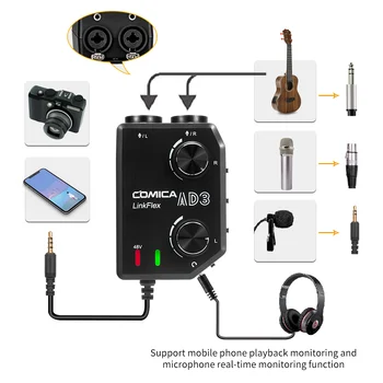 COMICA AD3 XLR/3.5 mm/6,35 mm Mikrofon, Audio, pre-amp Mešalnik/Tok/Guitar Vmesnik za DSLR Topovi Nikon Fotoaparat iPhone Android