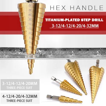 3pcs HSS Titanium obložene Korak Drill Bit 4-12 4-20 4-32 ročna Orodja za Vrtanje, Kovina hitroreznega Jekla Les Luknjo Cone Vaja