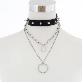 Večplastna ključavnico verige ogrlica za ženske/moške punk rock goth spike choker ovratnik zaklepanje ogrlico, obesek, črna emo pribor nakit