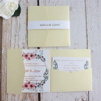 Faire del mariage poročna Vabila s po meri natisnjeni cvetlični vstavljanje kartice in trebuh pas 50pcs