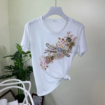 2019 Ženske Sequined 3D Cvet Bombaža Tshirts + Traper Krilo 2PCS Kompleti Oblačil Priložnostne Sredi Tele Obleke, Krila XZ047