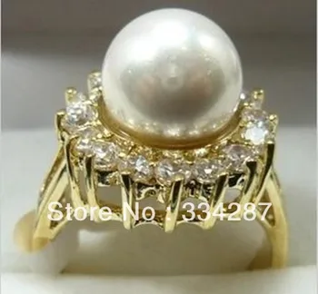 10 mm Bela morja lupine pearl zlato barvo Cirkon kristalno Prstan, Velikost :7 8 9